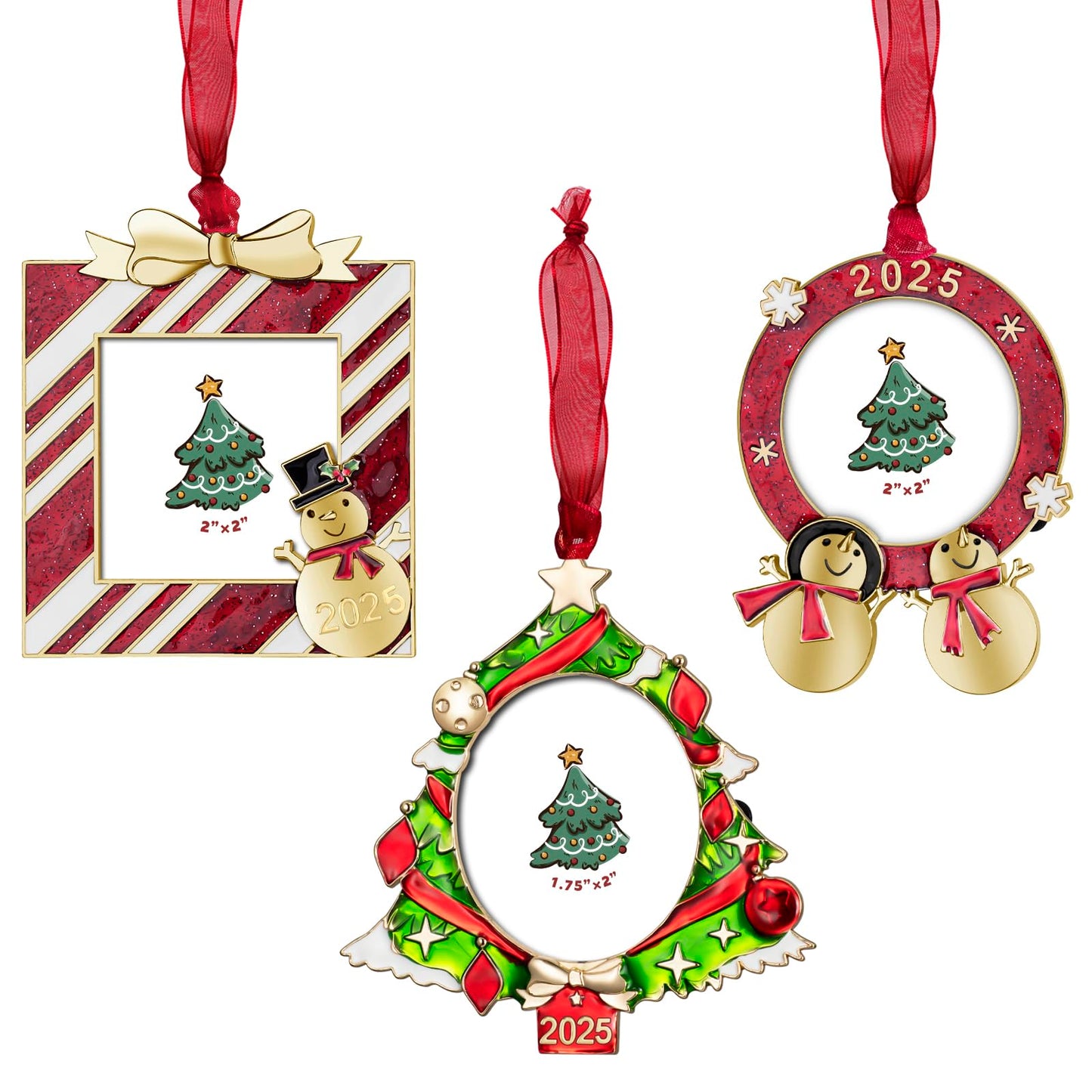 GUOER 3PCS Christmas Tree Ornaments Set Picture Frame Ornament Holiday Keepsake Gift Home Decor Christmas Decorations Xmas Gifts Pendant with 2” Photo Frame Insert (Tree Set 2025)