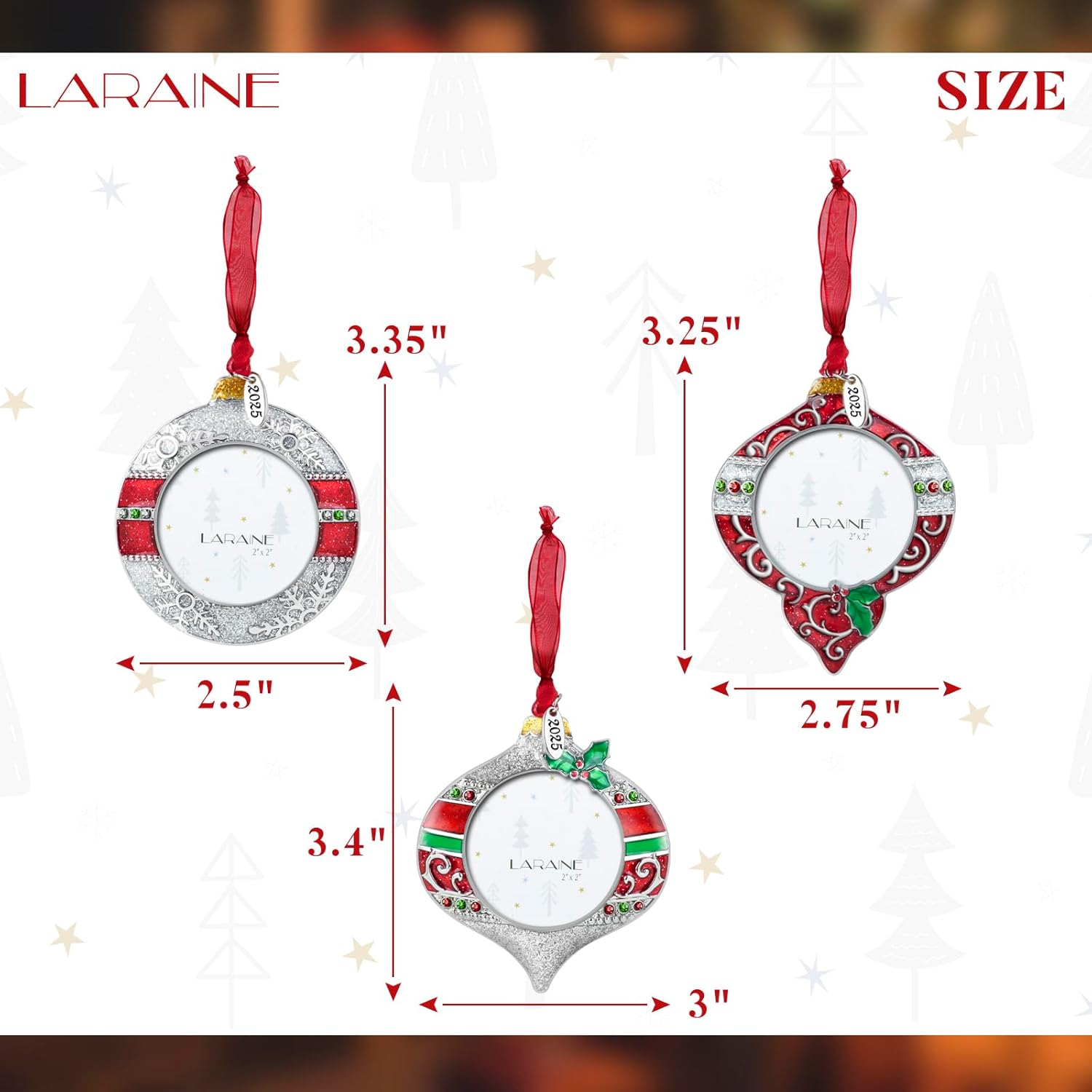 Laraine Christmas Tree Ornaments – Onion Shaped Decorative Hanging 2025 Holiday Keepsake Gift Pendant with 2” Photo Frame Insert for Picture (Red&Silver, 3 Pieces (2025))