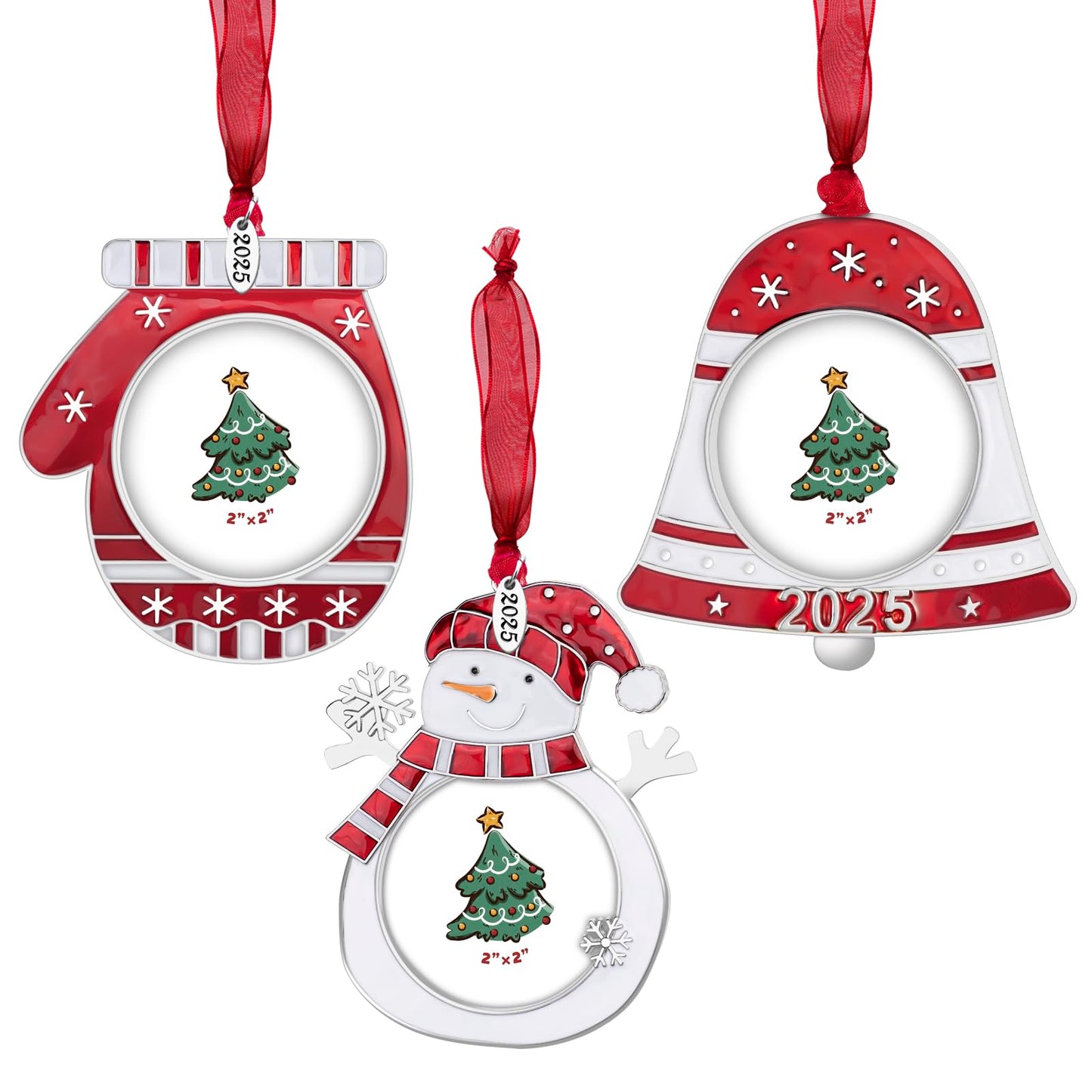 GUOER 3PCS Christmas Tree Ornaments Set Picture Frame Ornament Holiday Keepsake Gift Home Decor Christmas Decorations Xmas Gifts Pendant with 2” Photo Frame Insert (Tree Set 2025)