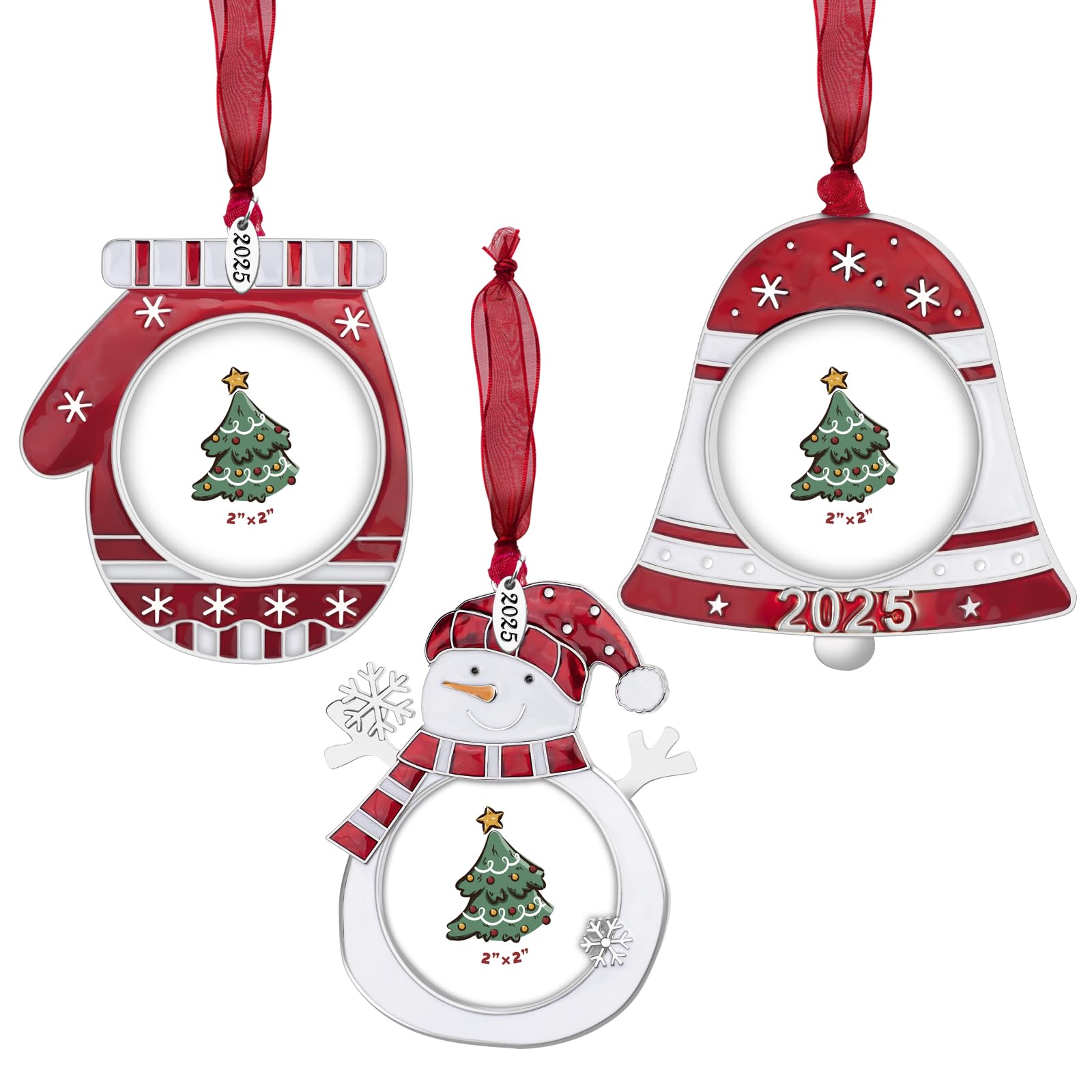 GUOER 3PCS Christmas Tree Ornaments Set Picture Frame Ornament Holiday Keepsake Gift Home Decor Christmas Decorations Xmas Gifts Pendant with 2” Photo Frame Insert (Tree Set 2025)