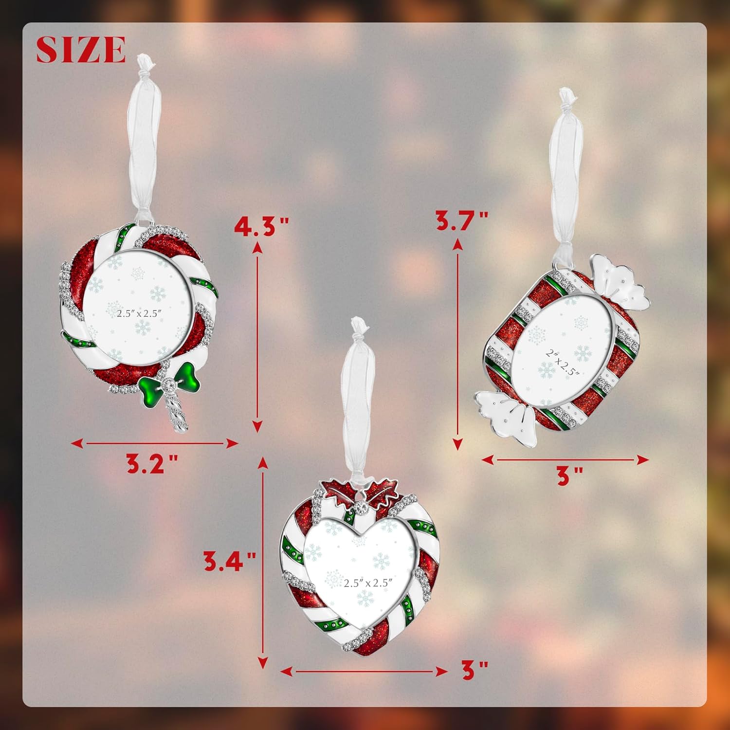 2024 Christmas Tree Ornaments 3 Piece Picture Frame Hanging Ornament Decorative Holiday Keepsake Gift Pendant with 2.5” Photo Insert for Picture of Pets,Family (Lollipop, Heart, Candy)