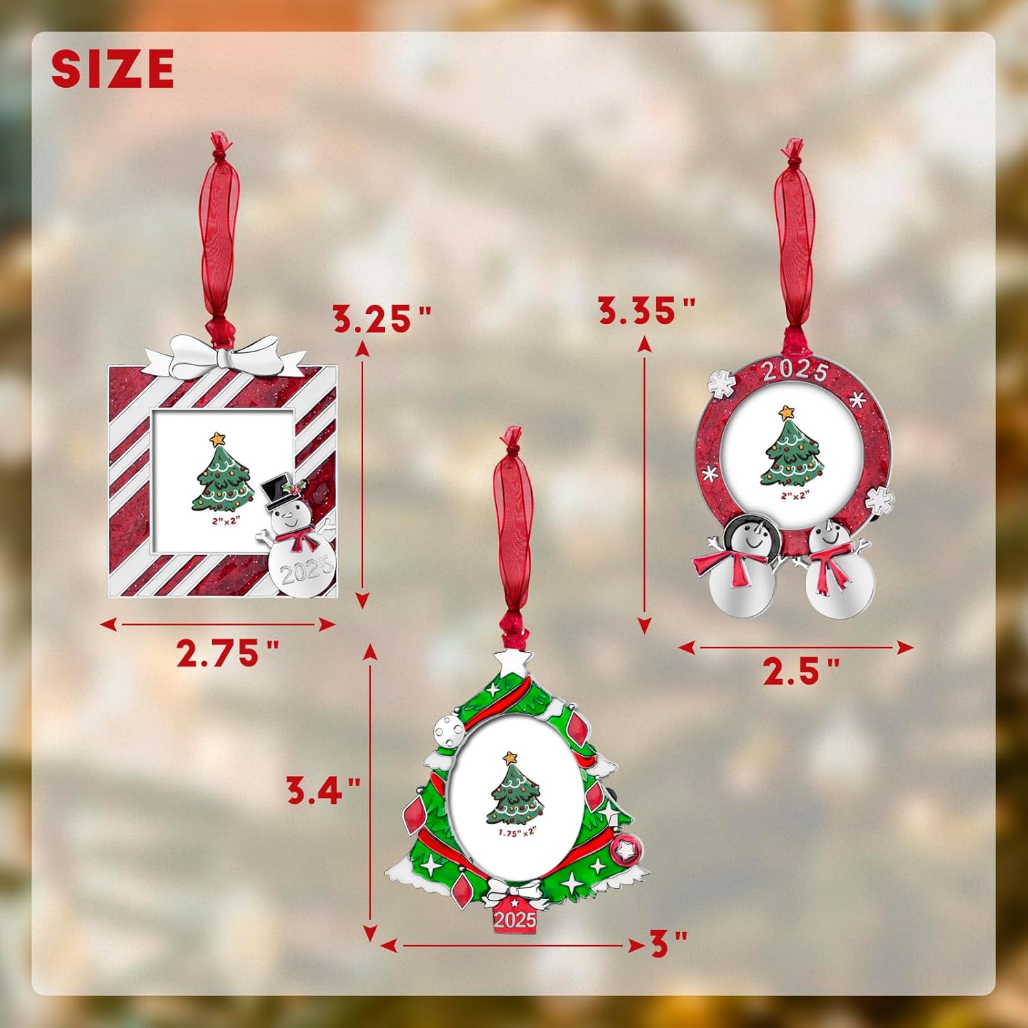 GUOER 3PCS Christmas Tree Ornaments Set Picture Frame Ornament Holiday Keepsake Gift Home Decor Christmas Decorations Xmas Gifts Pendant with 2” Photo Frame Insert (Tree Set 2025)
