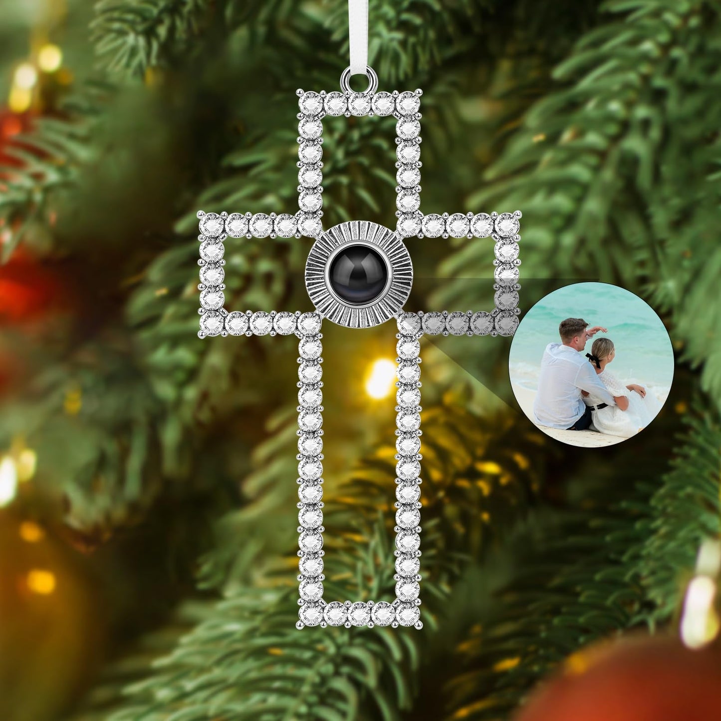 SUPHELPU Custom Snowflake Ornament with Picture Inside, Photo Ornaments for Christmas Tree, Personalized Christmas Projection Ornament, Customized Memorial Pendant for Xmas Family