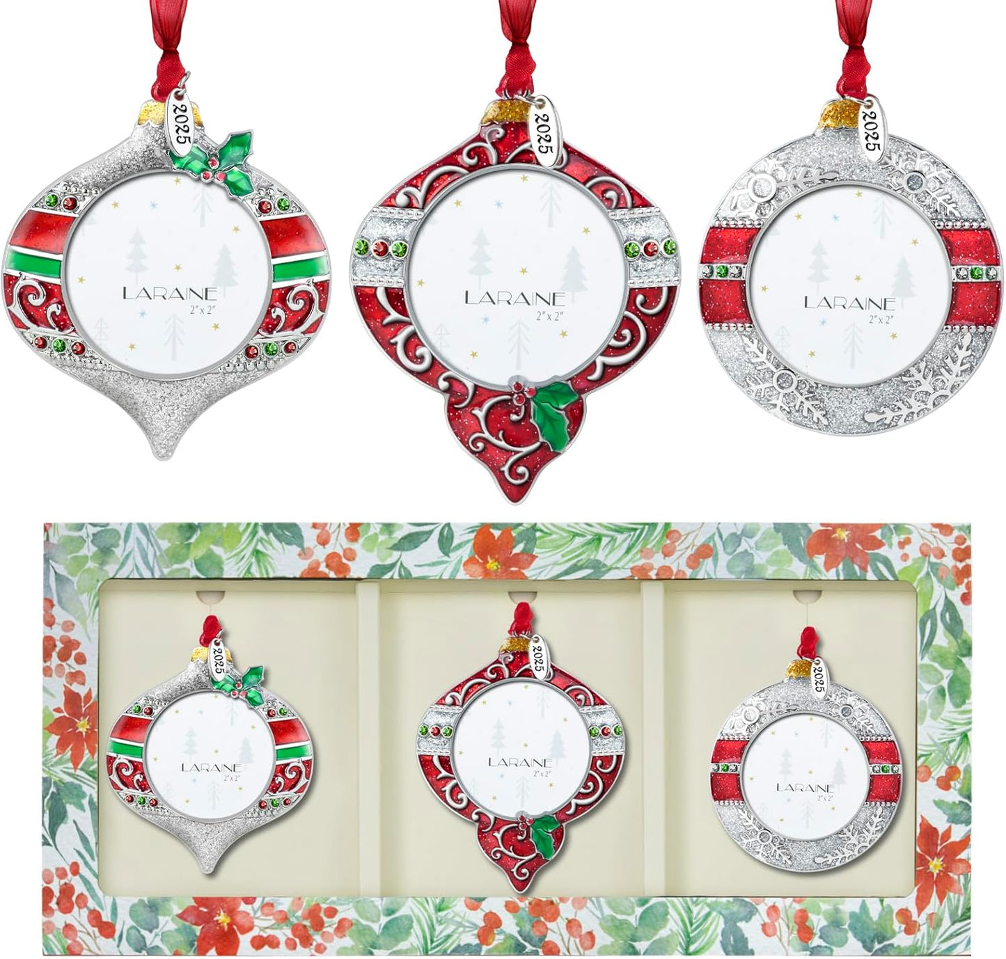 Laraine Christmas Tree Ornaments – Onion Shaped Decorative Hanging 2025 Holiday Keepsake Gift Pendant with 2” Photo Frame Insert for Picture (Red&Silver, 3 Pieces (2025))