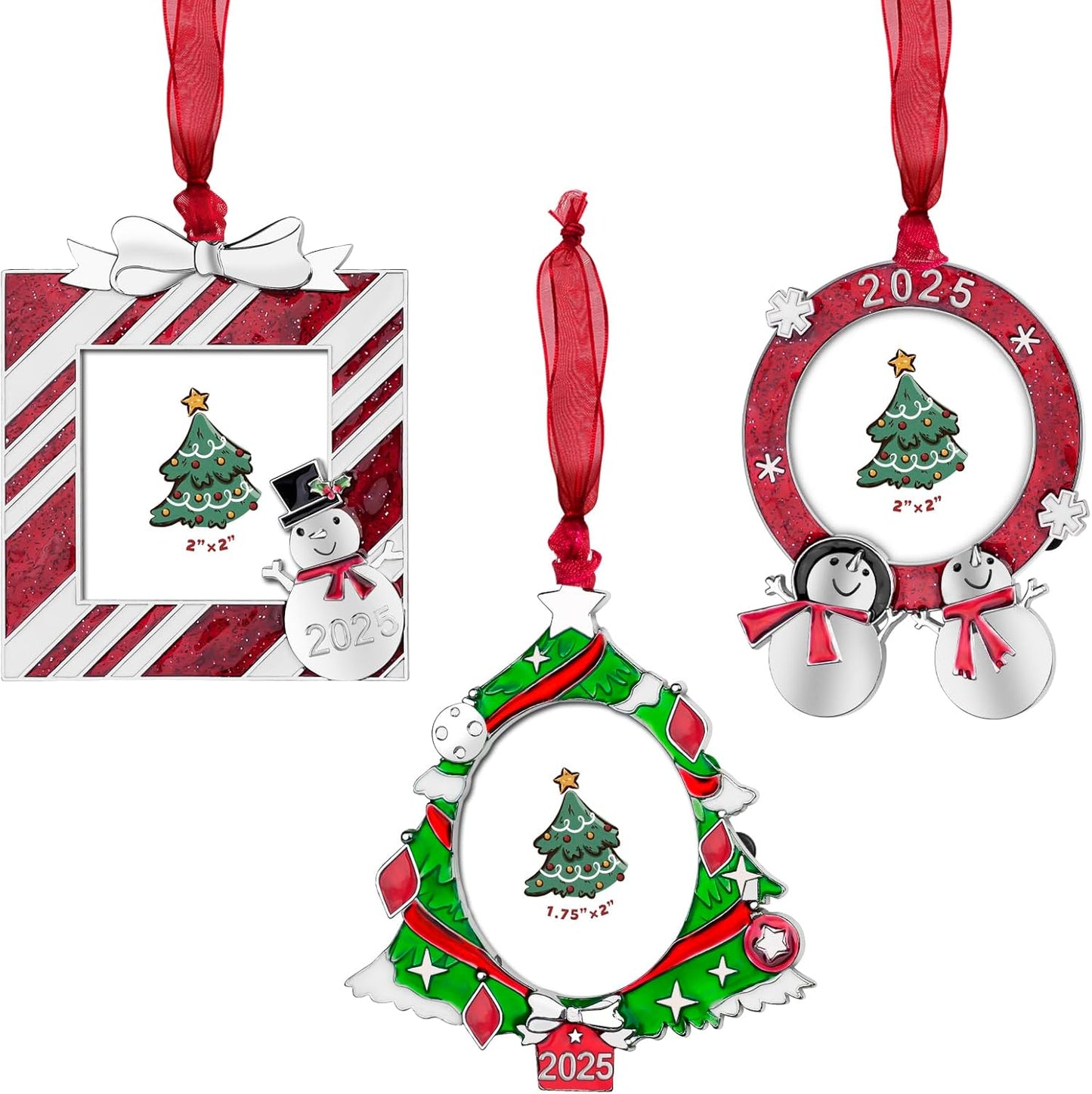 GUOER 3PCS Christmas Tree Ornaments Set Picture Frame Ornament Holiday Keepsake Gift Home Decor Christmas Decorations Xmas Gifts Pendant with 2” Photo Frame Insert (Tree Set 2025)