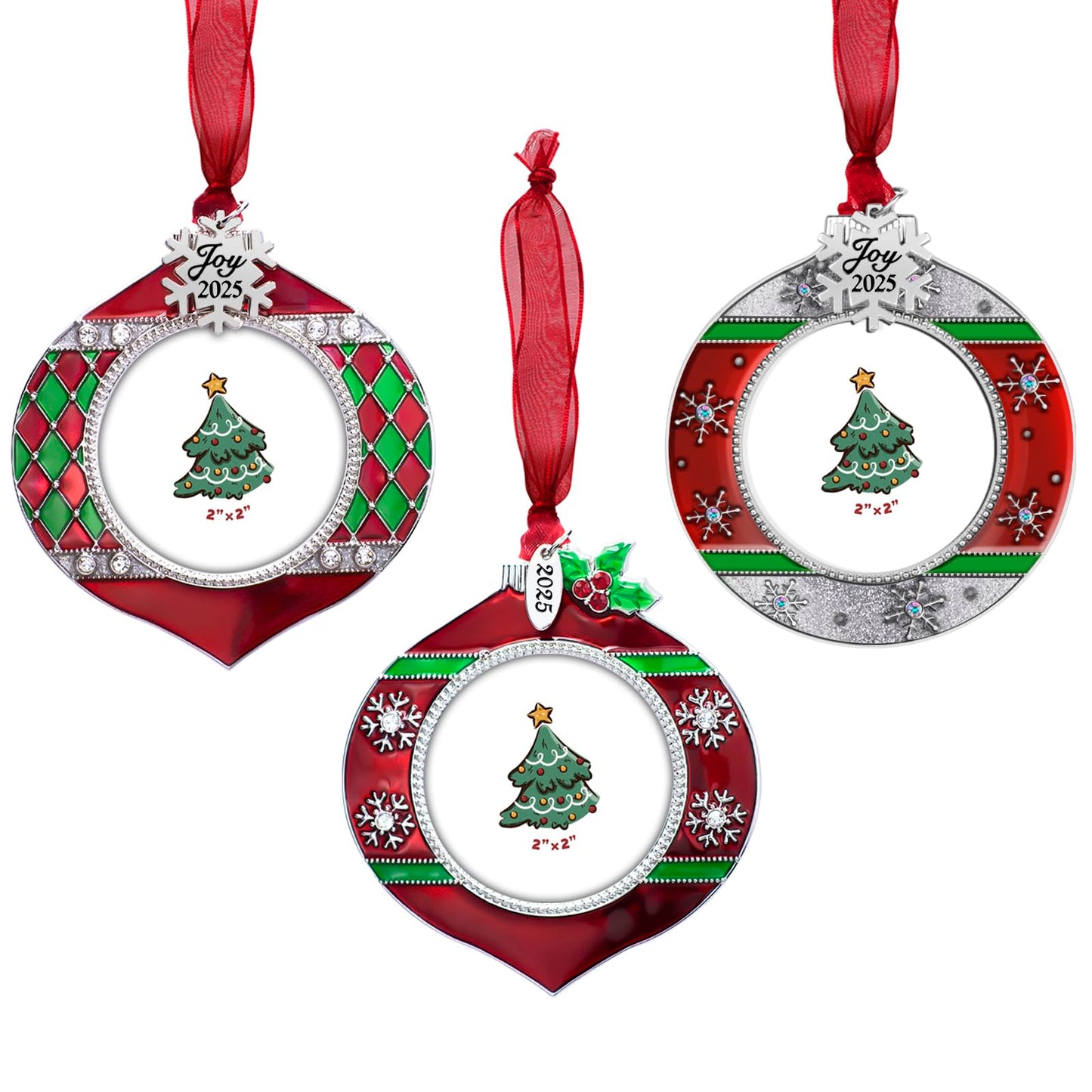 GUOER 3PCS Christmas Tree Ornaments Set Picture Frame Ornament Holiday Keepsake Gift Home Decor Christmas Decorations Xmas Gifts Pendant with 2” Photo Frame Insert (Tree Set 2025)