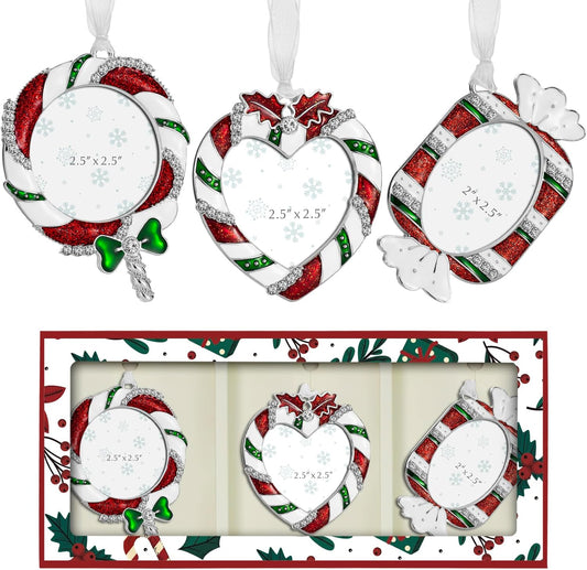2024 Christmas Tree Ornaments 3 Piece Picture Frame Hanging Ornament Decorative Holiday Keepsake Gift Pendant with 2.5” Photo Insert for Picture of Pets,Family (Lollipop, Heart, Candy)