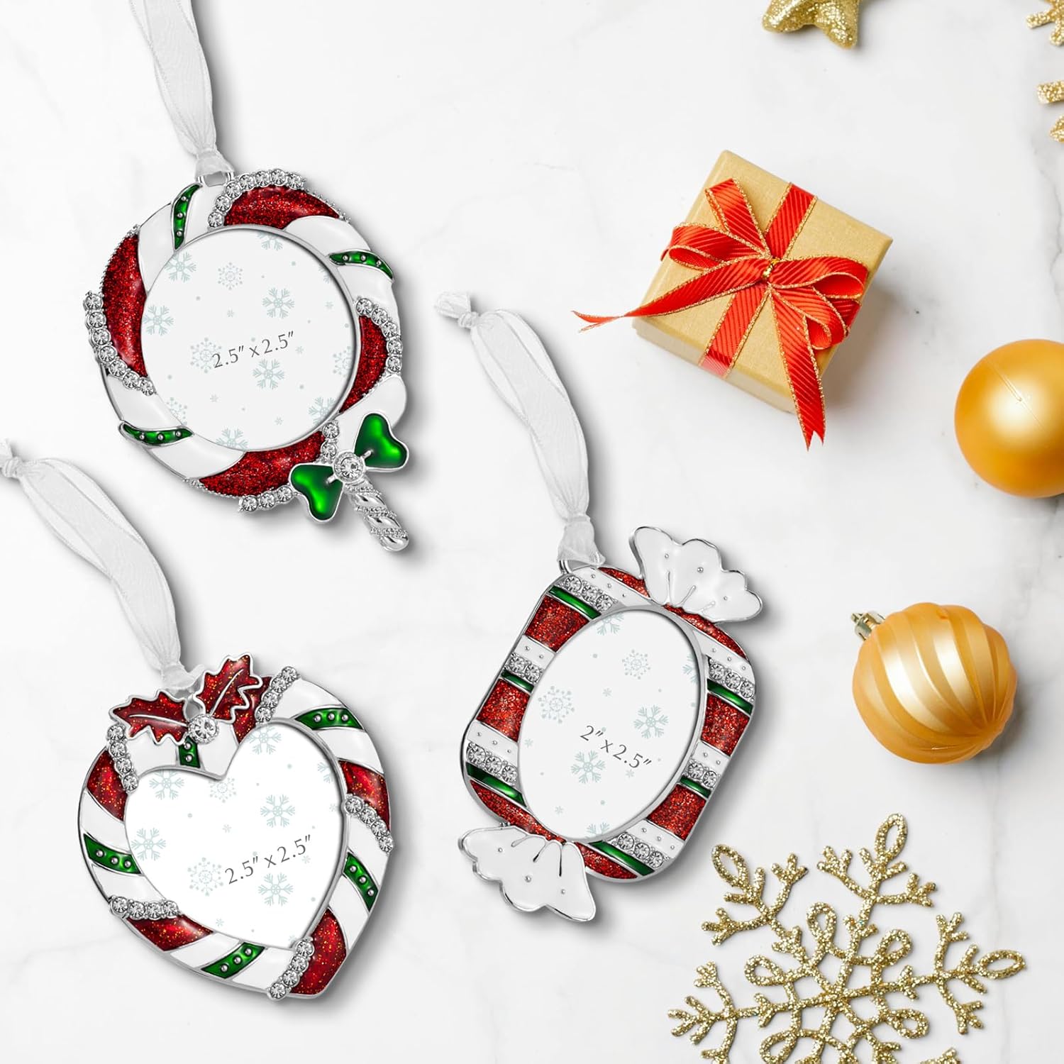 2024 Christmas Tree Ornaments 3 Piece Picture Frame Hanging Ornament Decorative Holiday Keepsake Gift Pendant with 2.5” Photo Insert for Picture of Pets,Family (Lollipop, Heart, Candy)