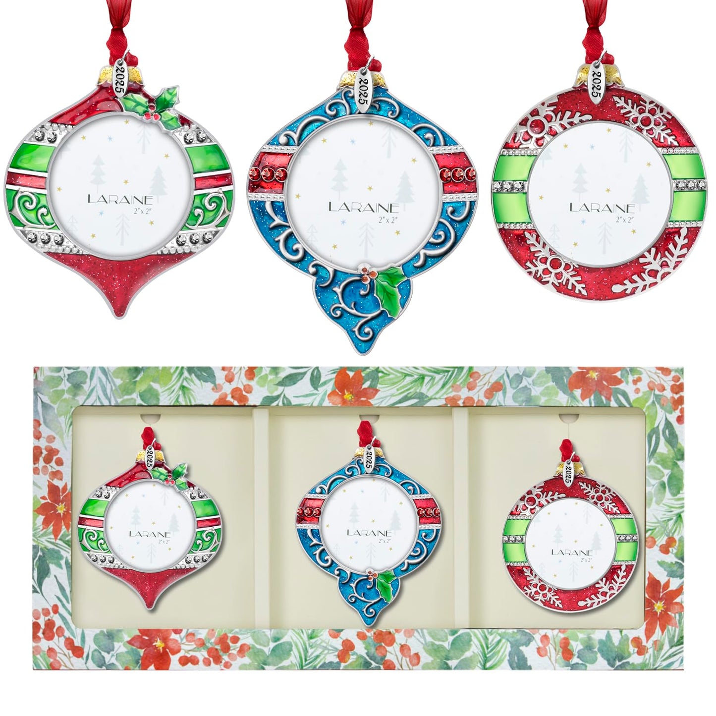 Laraine Christmas Tree Ornaments – Onion Shaped Decorative Hanging 2025 Holiday Keepsake Gift Pendant with 2” Photo Frame Insert for Picture (Red&Silver, 3 Pieces (2025))