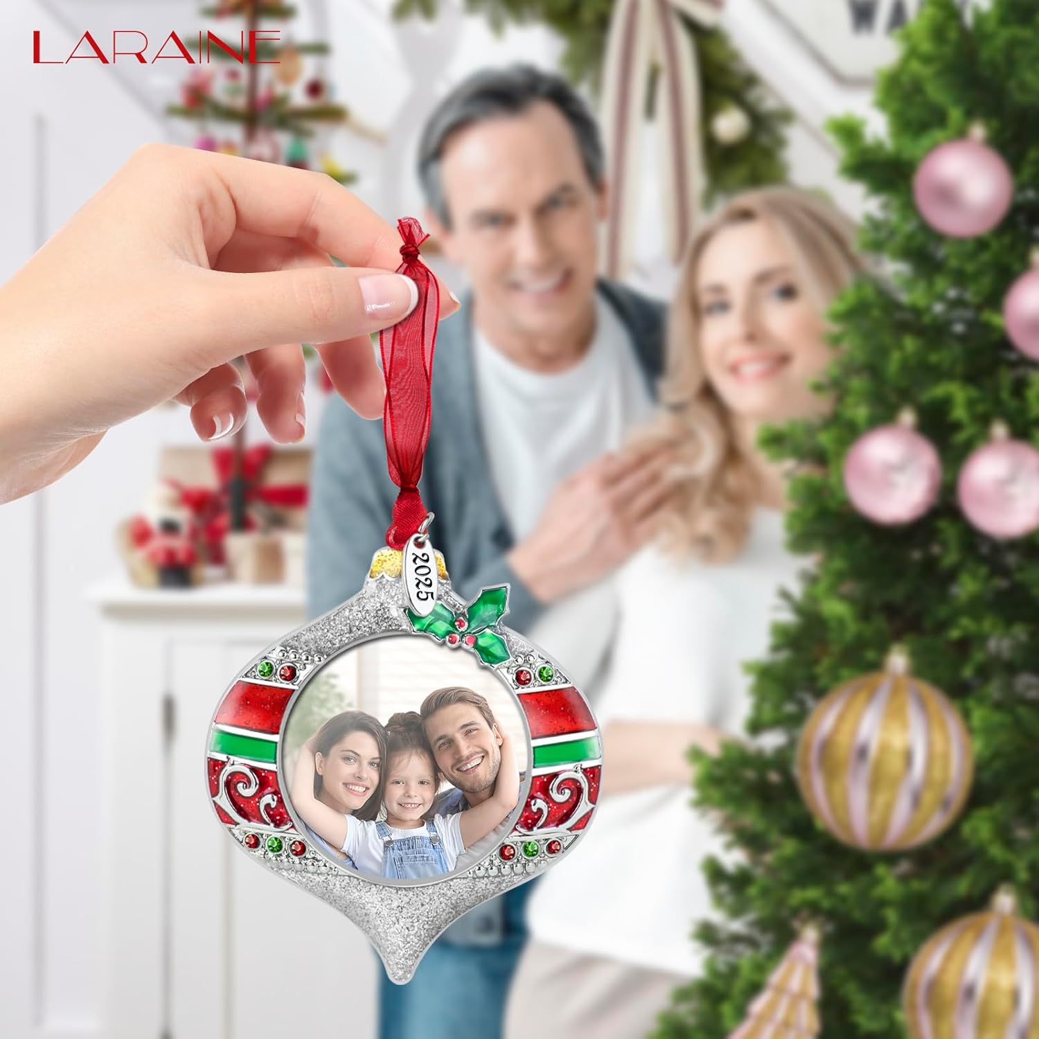 Laraine Christmas Tree Ornaments – Onion Shaped Decorative Hanging 2025 Holiday Keepsake Gift Pendant with 2” Photo Frame Insert for Picture (Red&Silver, 3 Pieces (2025))