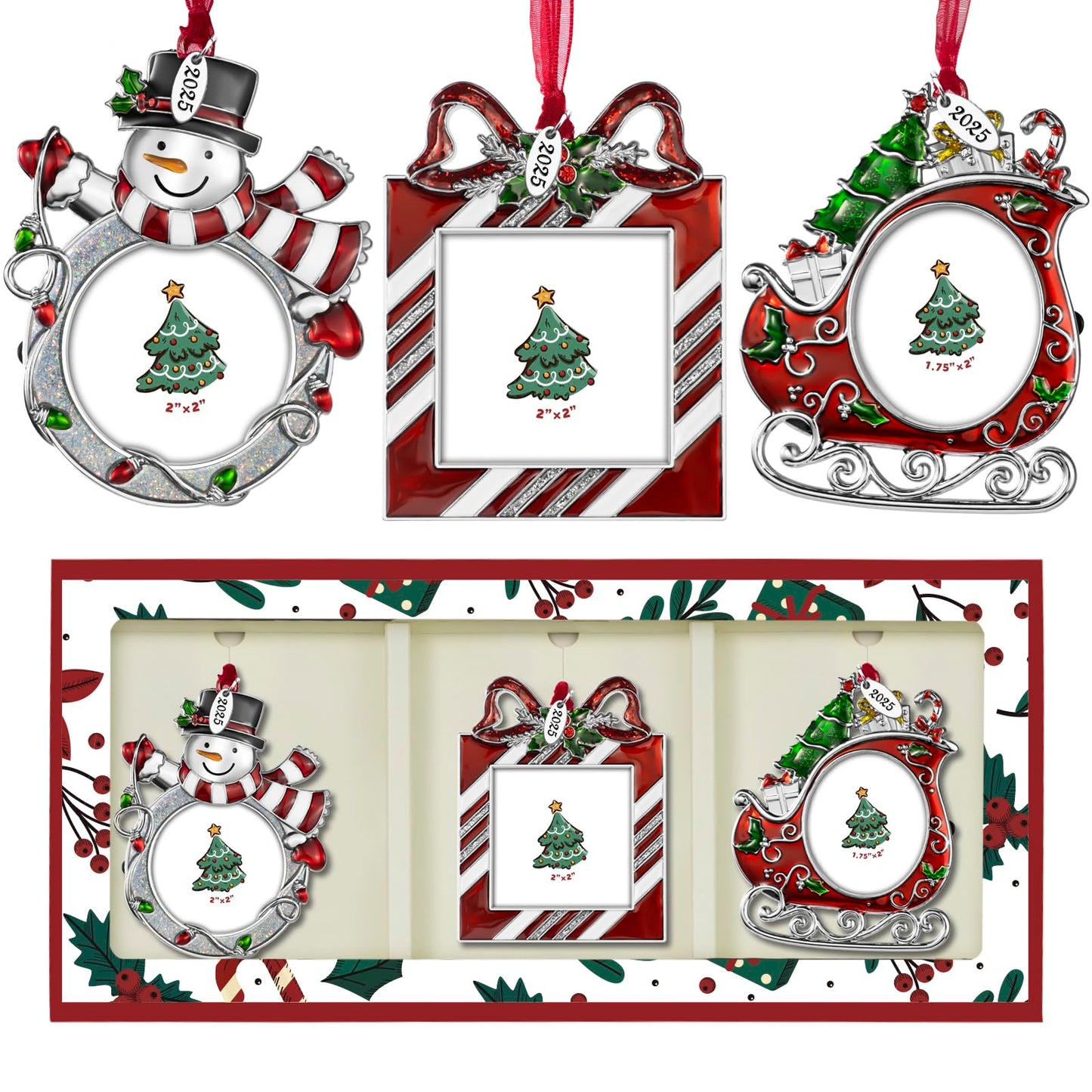 2024 Christmas Tree Ornaments 3 Piece Picture Frame Hanging Ornament Decorative Holiday Keepsake Gift Pendant with 2.5” Photo Insert for Picture of Pets,Family (Lollipop, Heart, Candy)