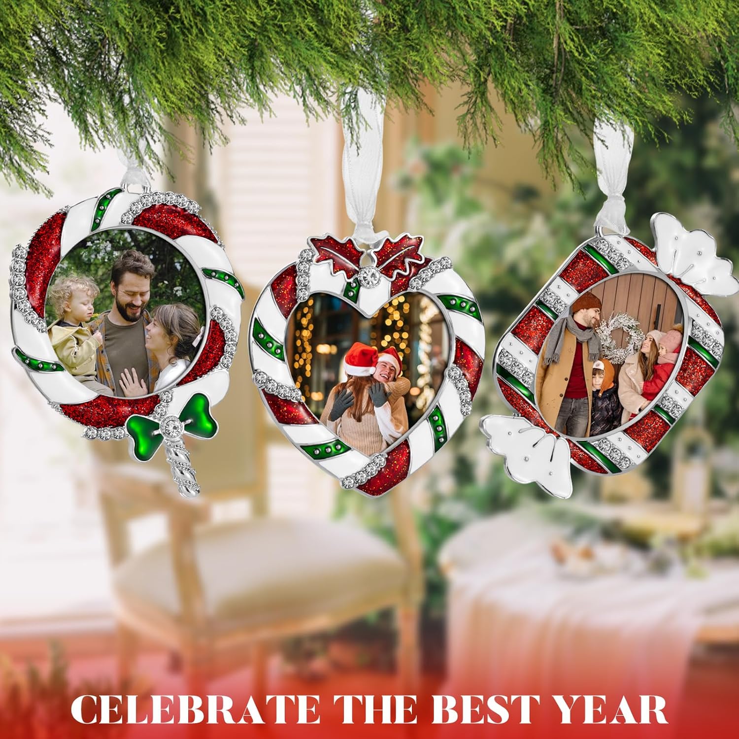 2024 Christmas Tree Ornaments 3 Piece Picture Frame Hanging Ornament Decorative Holiday Keepsake Gift Pendant with 2.5” Photo Insert for Picture of Pets,Family (Lollipop, Heart, Candy)
