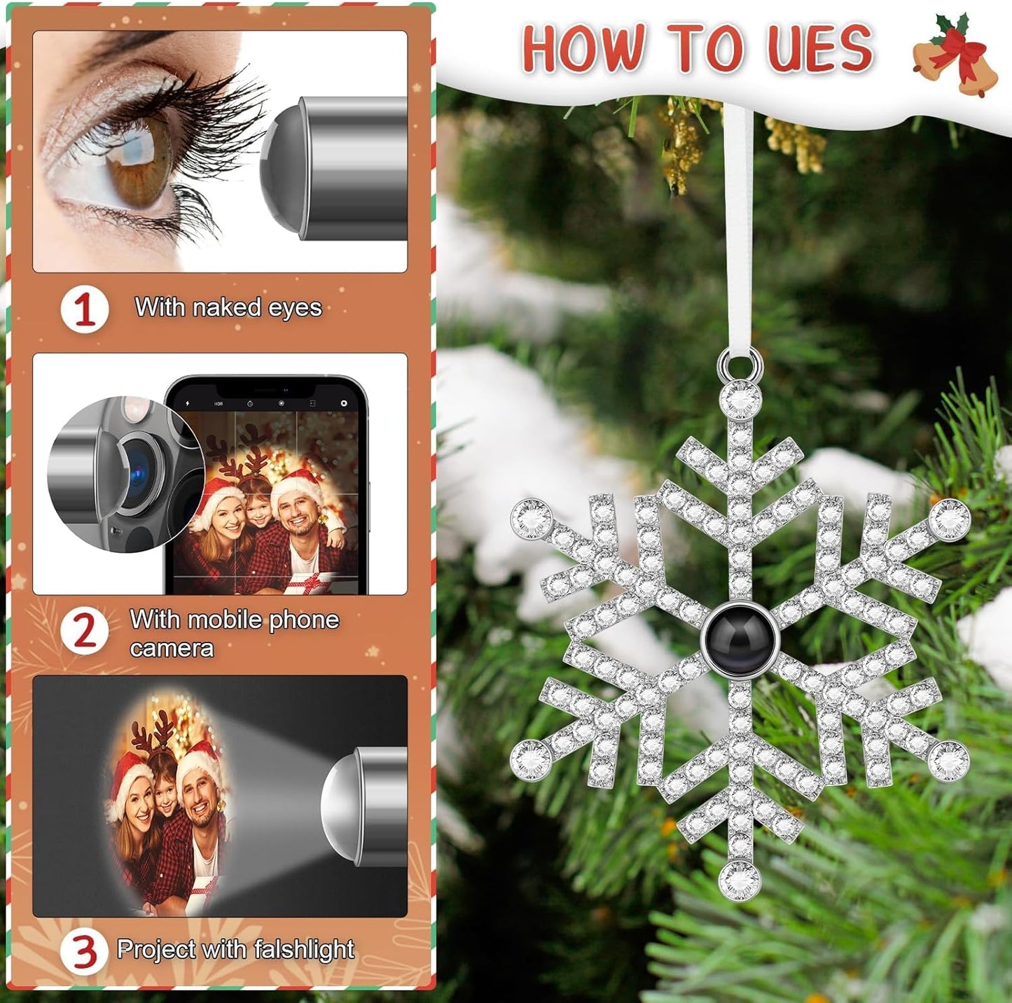 SUPHELPU Custom Snowflake Ornament with Picture Inside, Photo Ornaments for Christmas Tree, Personalized Christmas Projection Ornament, Customized Memorial Pendant for Xmas Family