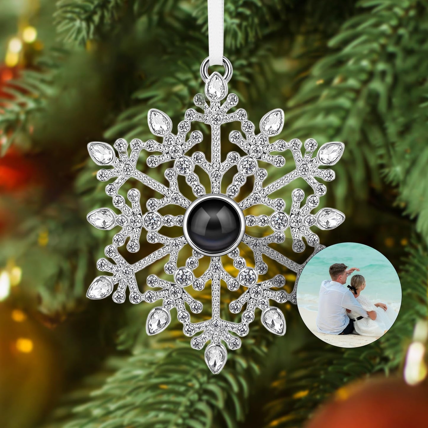 SUPHELPU Custom Snowflake Ornament with Picture Inside, Photo Ornaments for Christmas Tree, Personalized Christmas Projection Ornament, Customized Memorial Pendant for Xmas Family