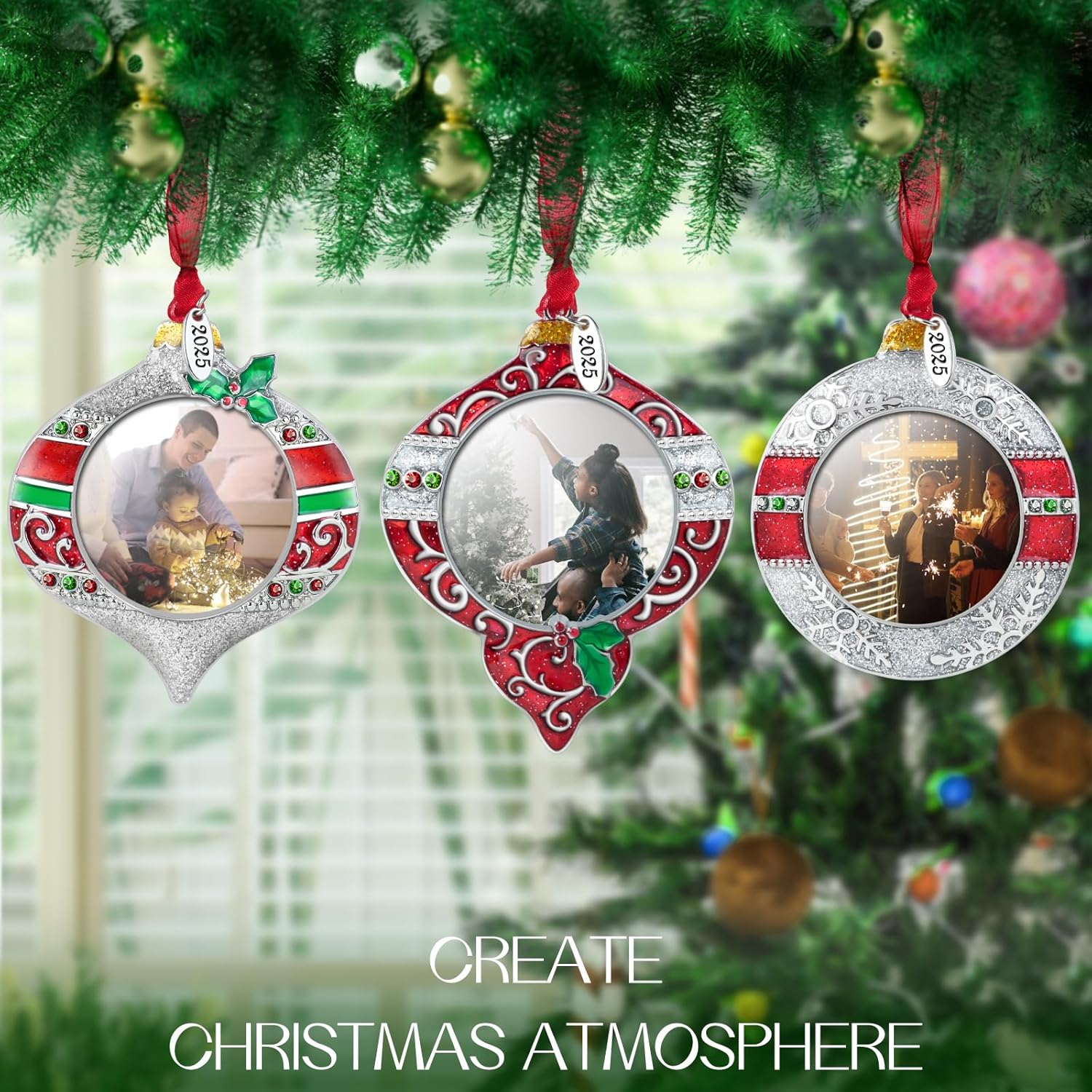 Laraine Christmas Tree Ornaments – Onion Shaped Decorative Hanging 2025 Holiday Keepsake Gift Pendant with 2” Photo Frame Insert for Picture (Red&Silver, 3 Pieces (2025))