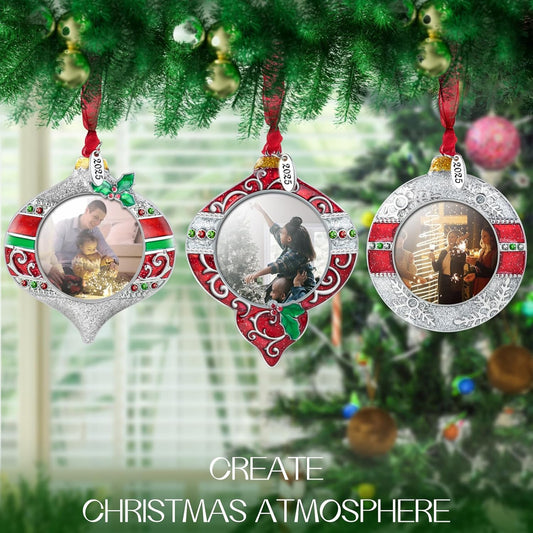 Laraine Christmas Tree Ornaments – Onion Shaped Decorative Hanging 2025 Holiday Keepsake Gift Pendant with 2” Photo Frame Insert for Picture (Red&Silver, 3 Pieces (2025))