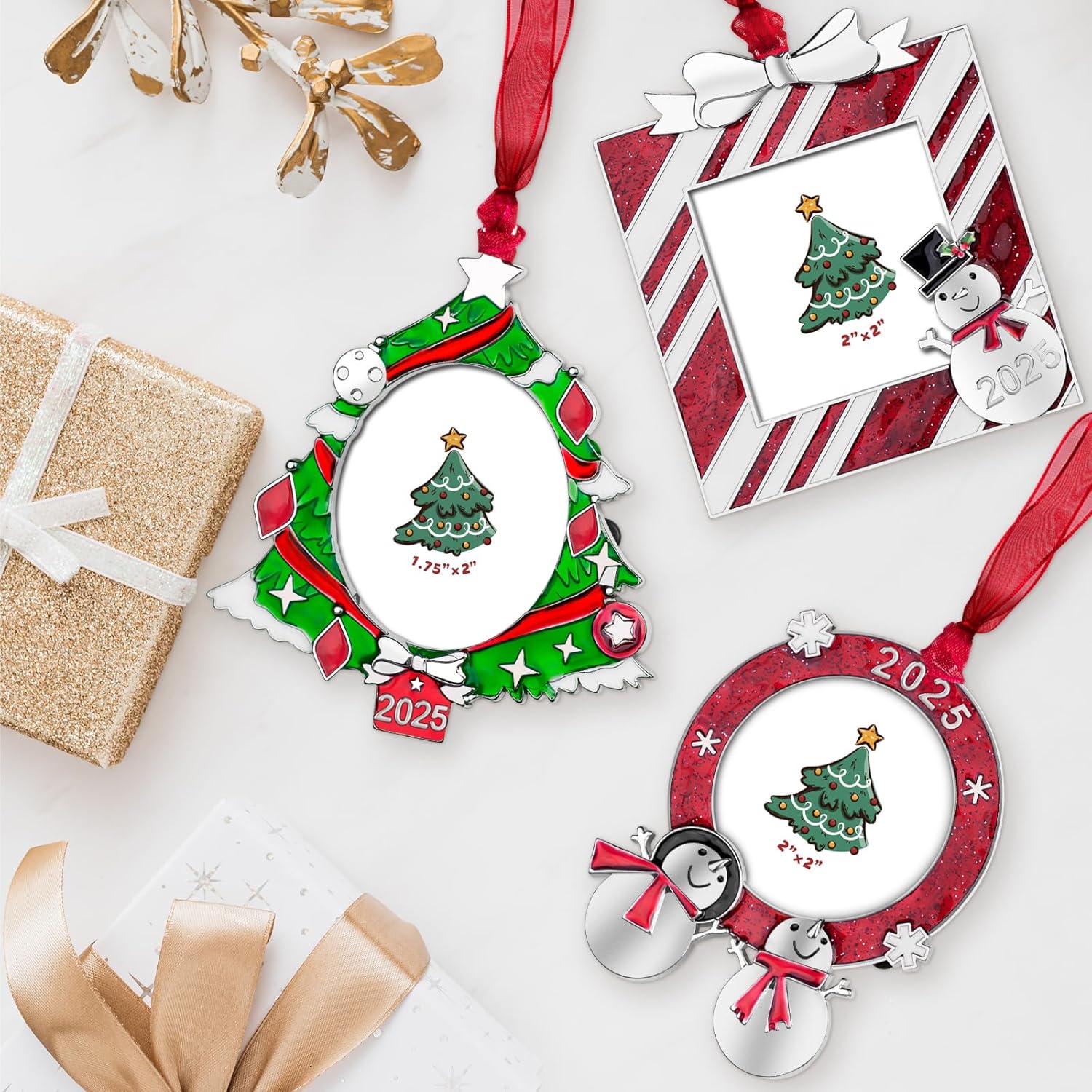 GUOER 3PCS Christmas Tree Ornaments Set Picture Frame Ornament Holiday Keepsake Gift Home Decor Christmas Decorations Xmas Gifts Pendant with 2” Photo Frame Insert (Tree Set 2025)