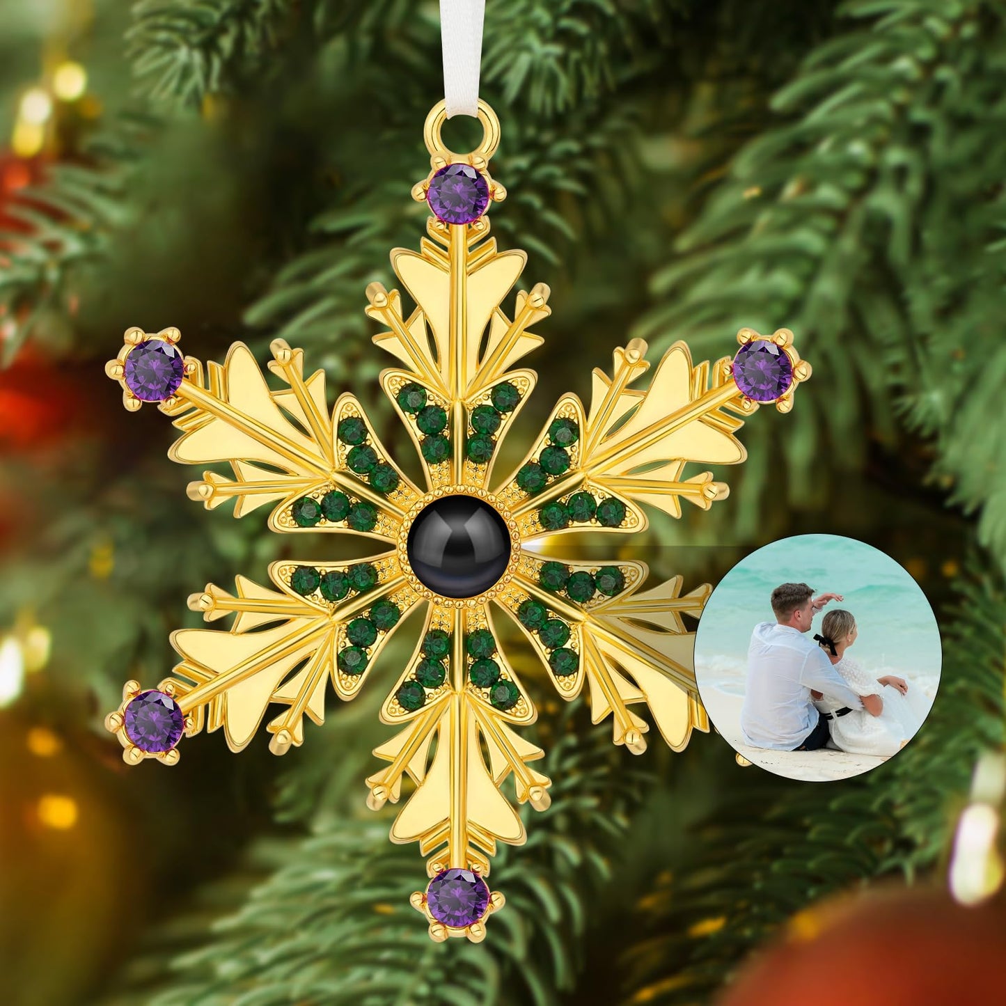 SUPHELPU Custom Snowflake Ornament with Picture Inside, Photo Ornaments for Christmas Tree, Personalized Christmas Projection Ornament, Customized Memorial Pendant for Xmas Family