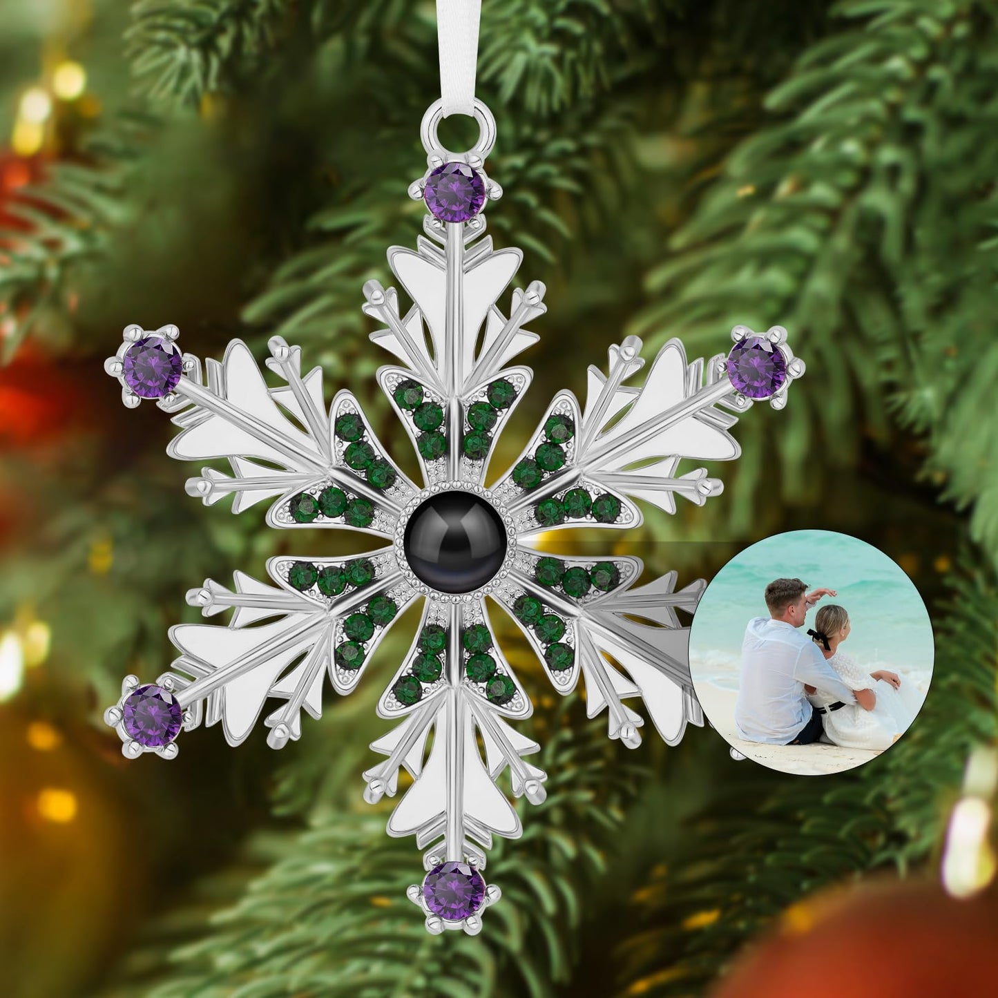SUPHELPU Custom Snowflake Ornament with Picture Inside, Photo Ornaments for Christmas Tree, Personalized Christmas Projection Ornament, Customized Memorial Pendant for Xmas Family