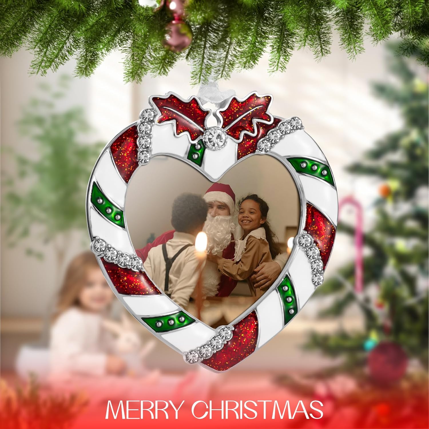 2024 Christmas Tree Ornaments 3 Piece Picture Frame Hanging Ornament Decorative Holiday Keepsake Gift Pendant with 2.5” Photo Insert for Picture of Pets,Family (Lollipop, Heart, Candy)