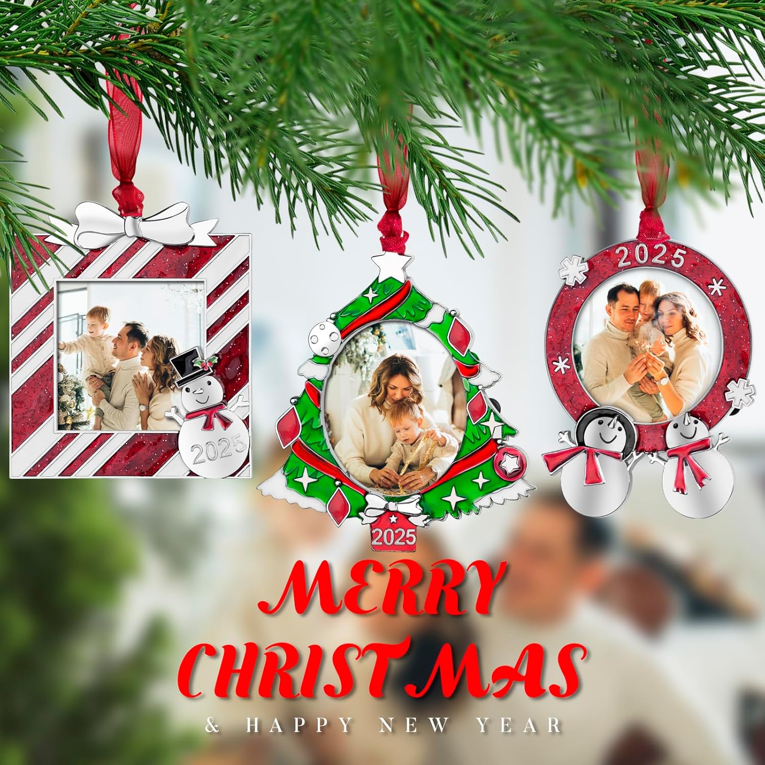 GUOER 3PCS Christmas Tree Ornaments Set Picture Frame Ornament Holiday Keepsake Gift Home Decor Christmas Decorations Xmas Gifts Pendant with 2” Photo Frame Insert (Tree Set 2025)