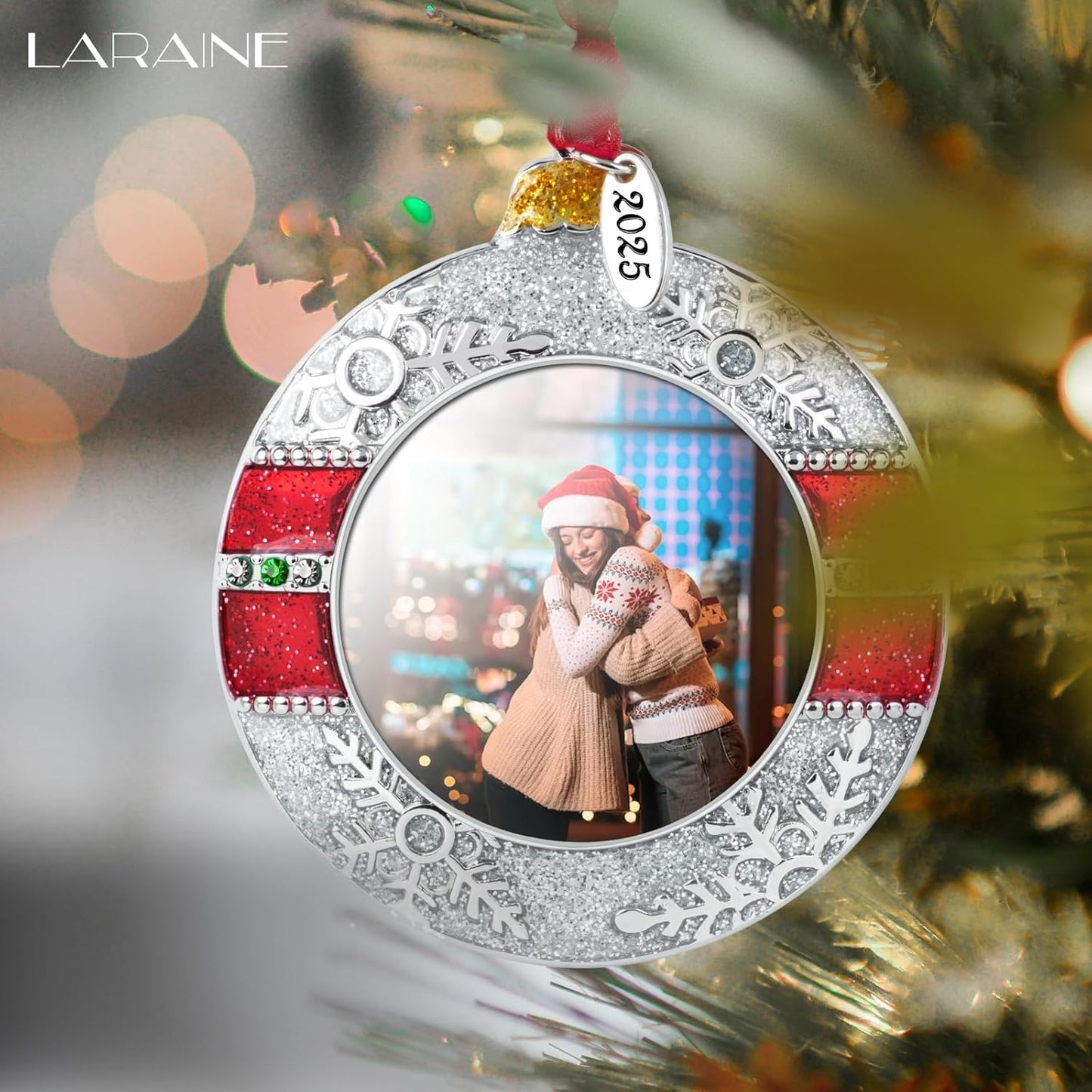 Laraine Christmas Tree Ornaments – Onion Shaped Decorative Hanging 2025 Holiday Keepsake Gift Pendant with 2” Photo Frame Insert for Picture (Red&Silver, 3 Pieces (2025))